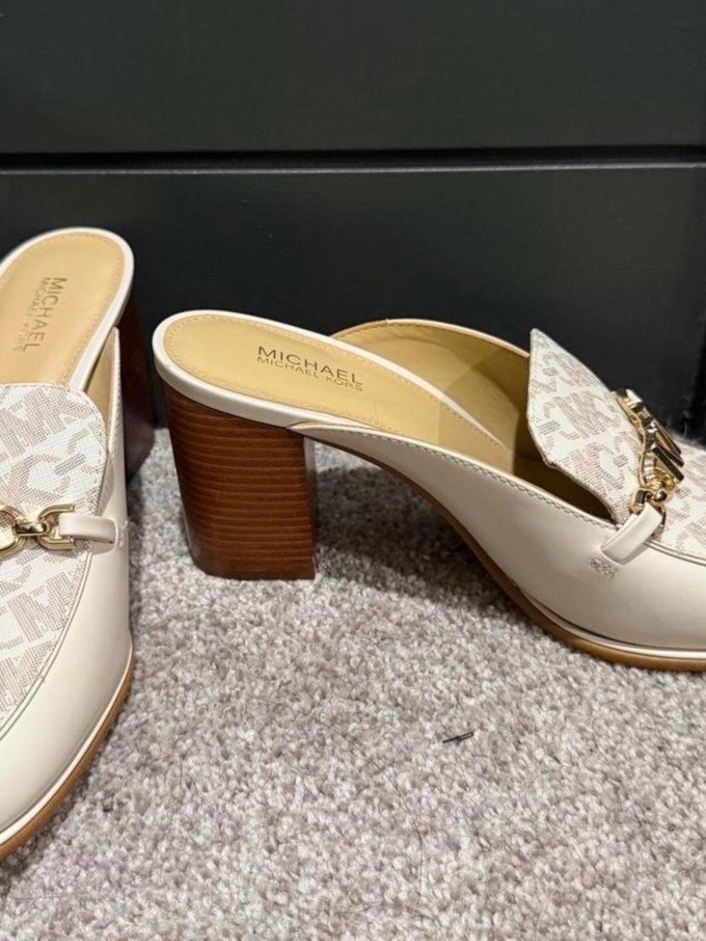 Michael Kors Cream Logo-Print Block Heel Mules with Gold Chain